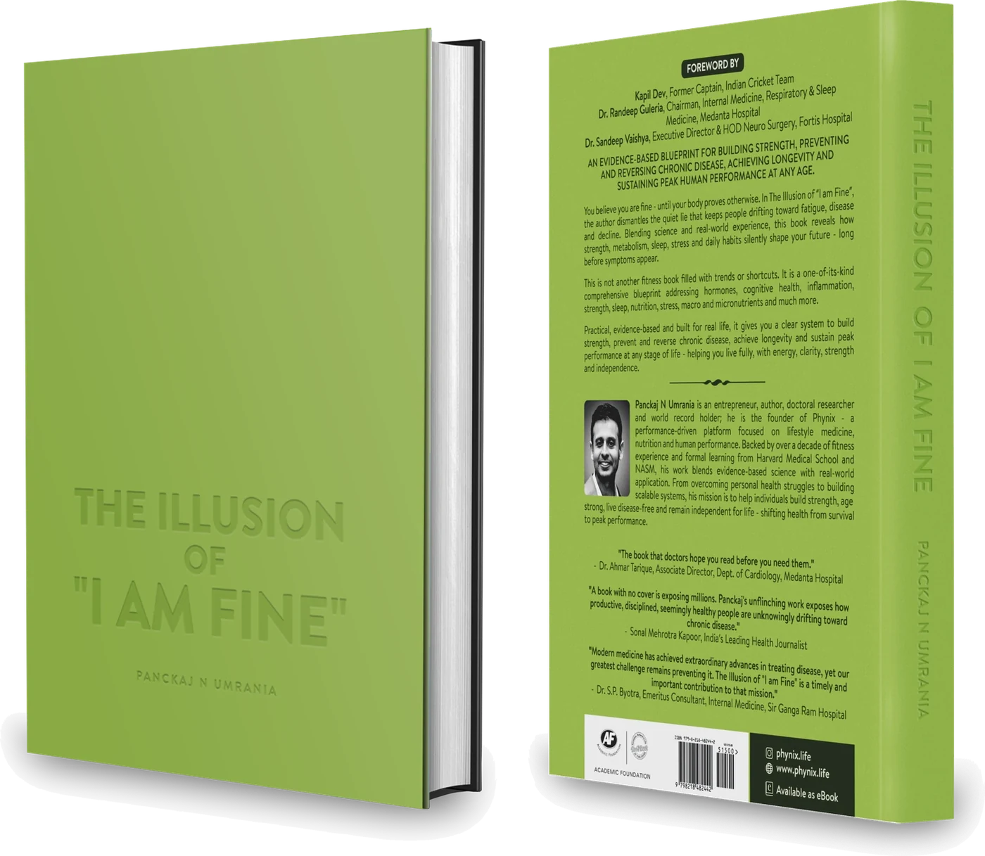 The Illusion of "I am Fine" — front cover, and back cover showing the forewords by Kapil Dev, Dr. Randeep Guleria and Dr. Sandeep Vaishya